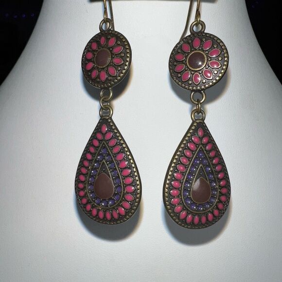 Vintage Bronze Tone Mosaic Teardrop Dangle Earrings - Picture 1 of 6
